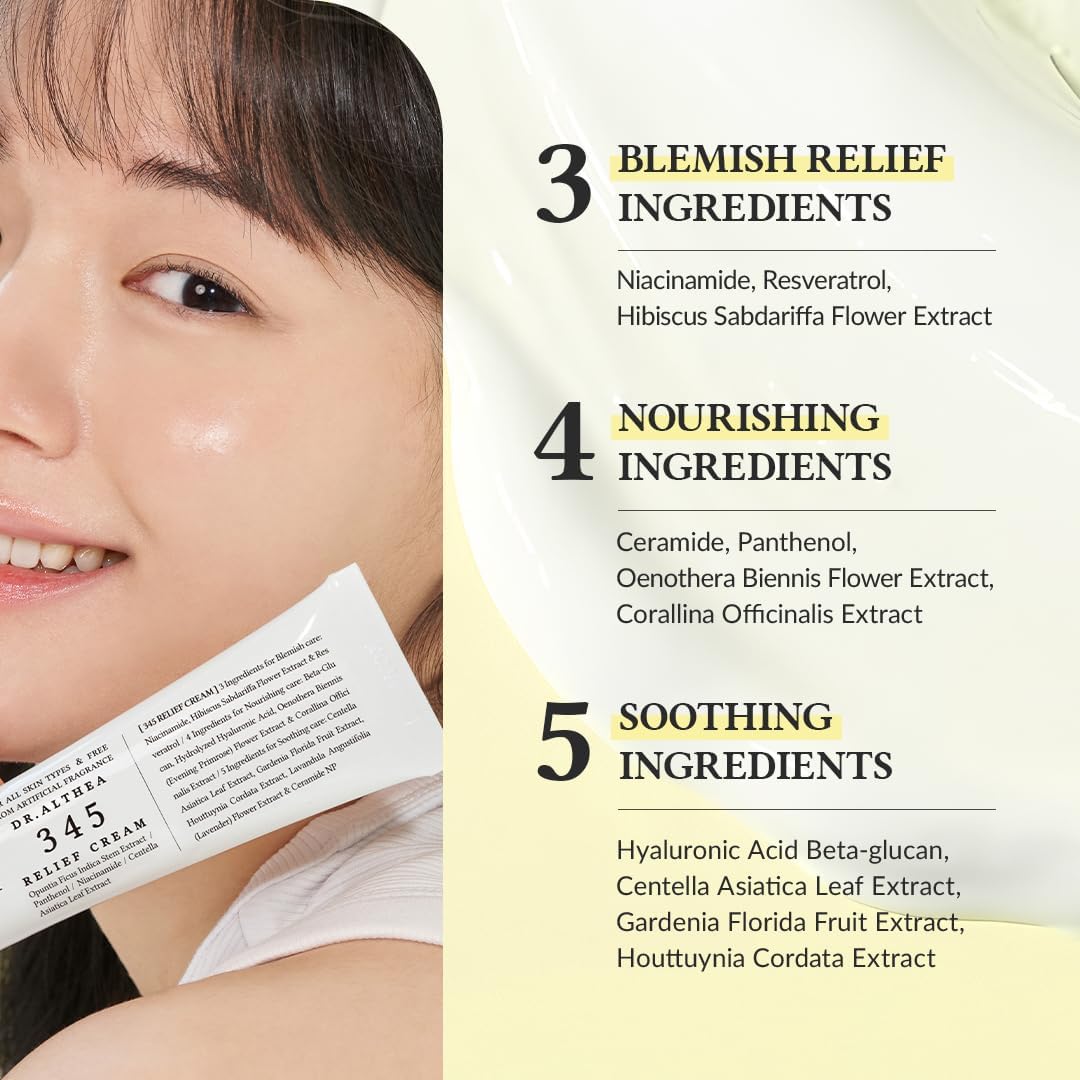 Dr. Althea 345 Relief Cream – Daily Face Moisturizer with Niacinamide & Panthenol | Blemish Relief, Soothing Recovery & Hydration | Vegan Korean Skincare for All Skin Types, 50ml